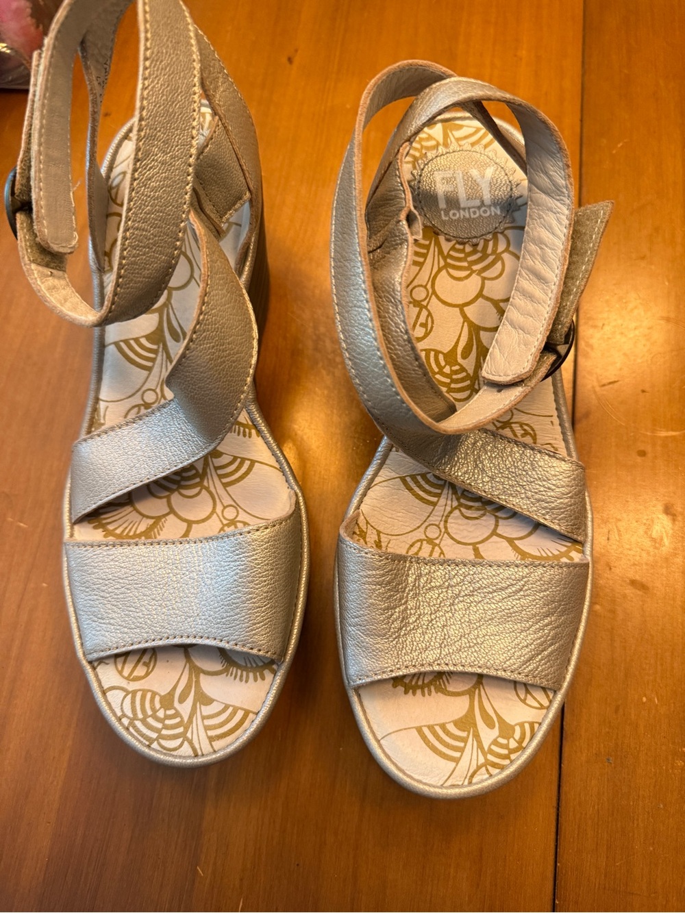 Fly London Metallic Silver Leather Crossover Strap Sandals